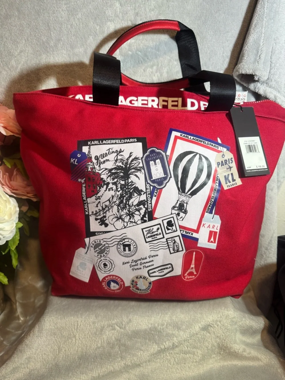 Karl Lagerfeld Paris Red Postcard Travel Canvas Tote Bag